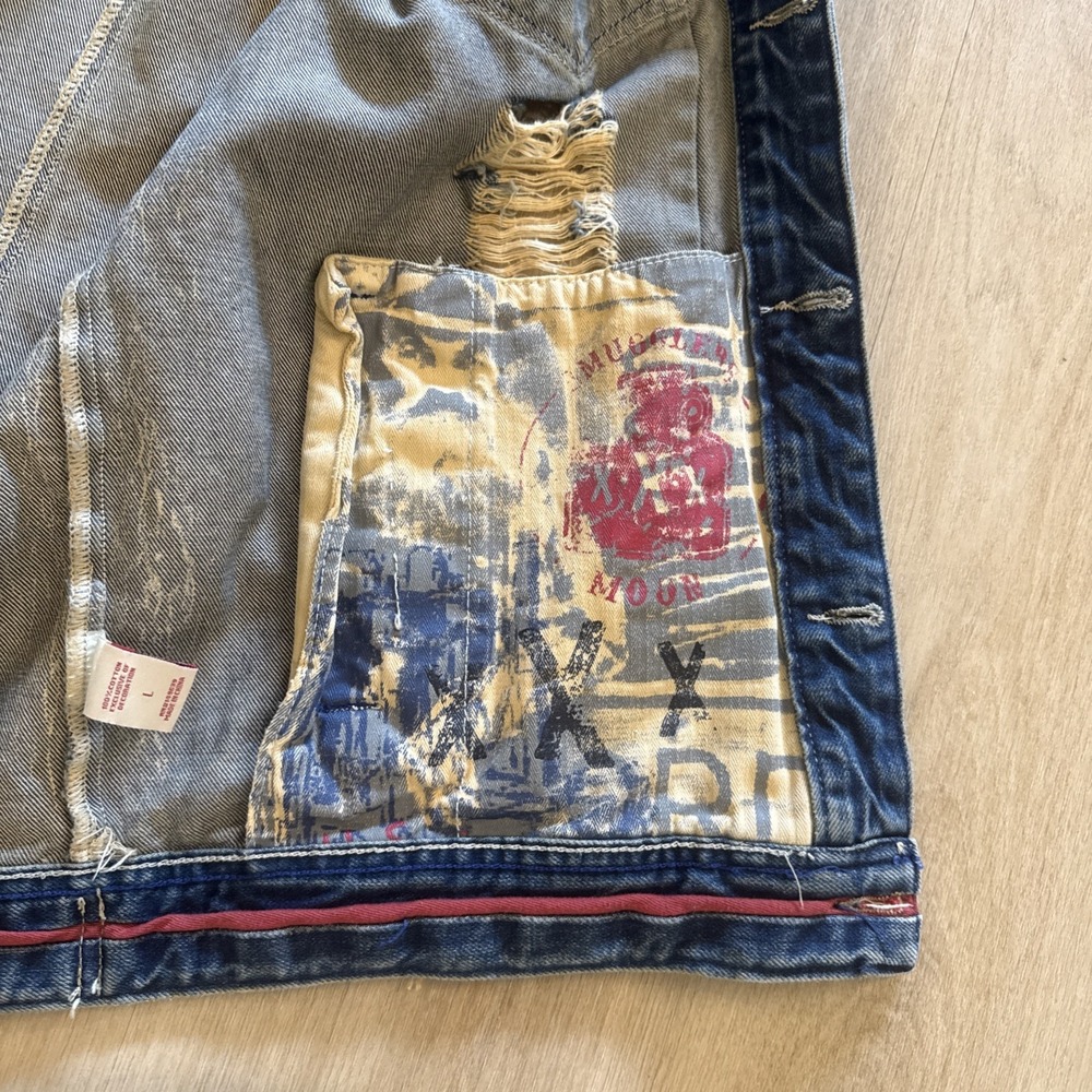 Smugglers Moon Denim Vest Men's L Distressed Painted Y2K Biker Grunge Jean - Picture 8 of 13